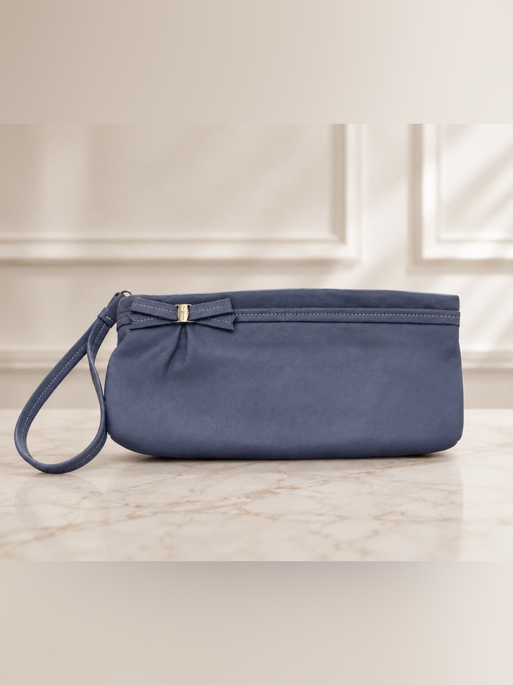 Salvatore Ferragamo Light Sky Blue Wristlet Leather Silver Hardware Zip Vintage